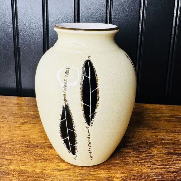 Vintage Antique Italian Vase Italy Textured Off White Black Leaves MCM - Picture 1 of 8